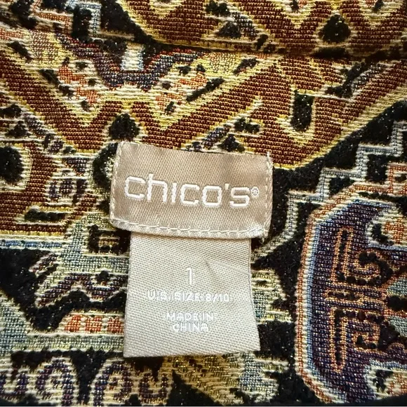 Chico’s Tapestry Jacquard Topper Coat Size 8/10 Fringe-Trim Baroque Brown Tan - Picture 7 of 15